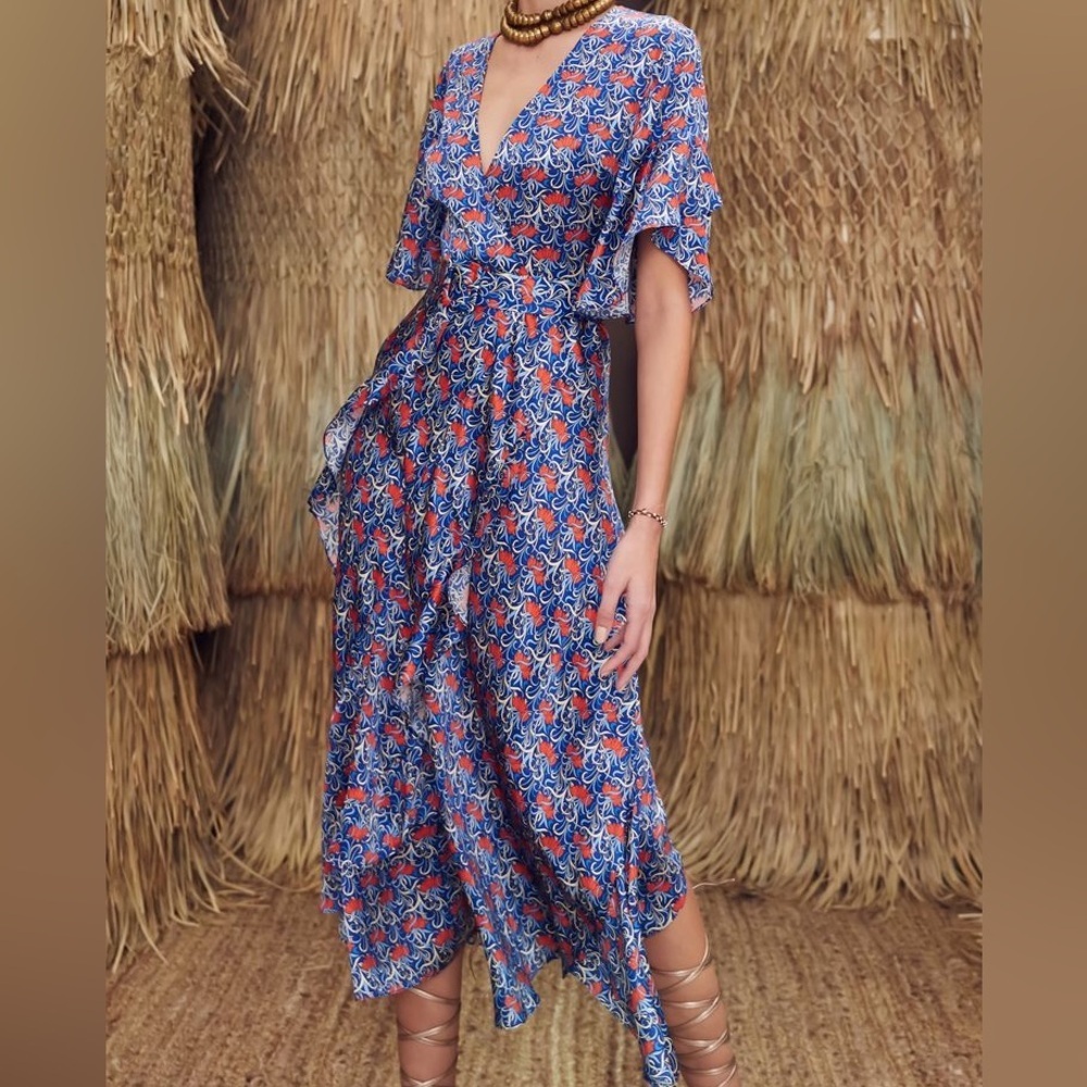ALEXIS Alleria Printed Blue Floral Ruffle Midi Dress Women’s Large - Picture 2 of 12
